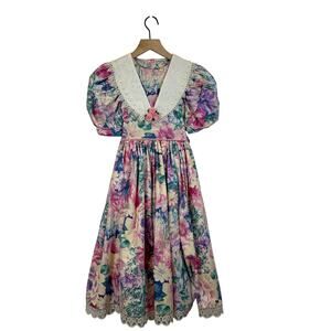 Vintage 80’s Girls Floral Dress Puff Sleeve Lace Collar Cottagecore Size 12